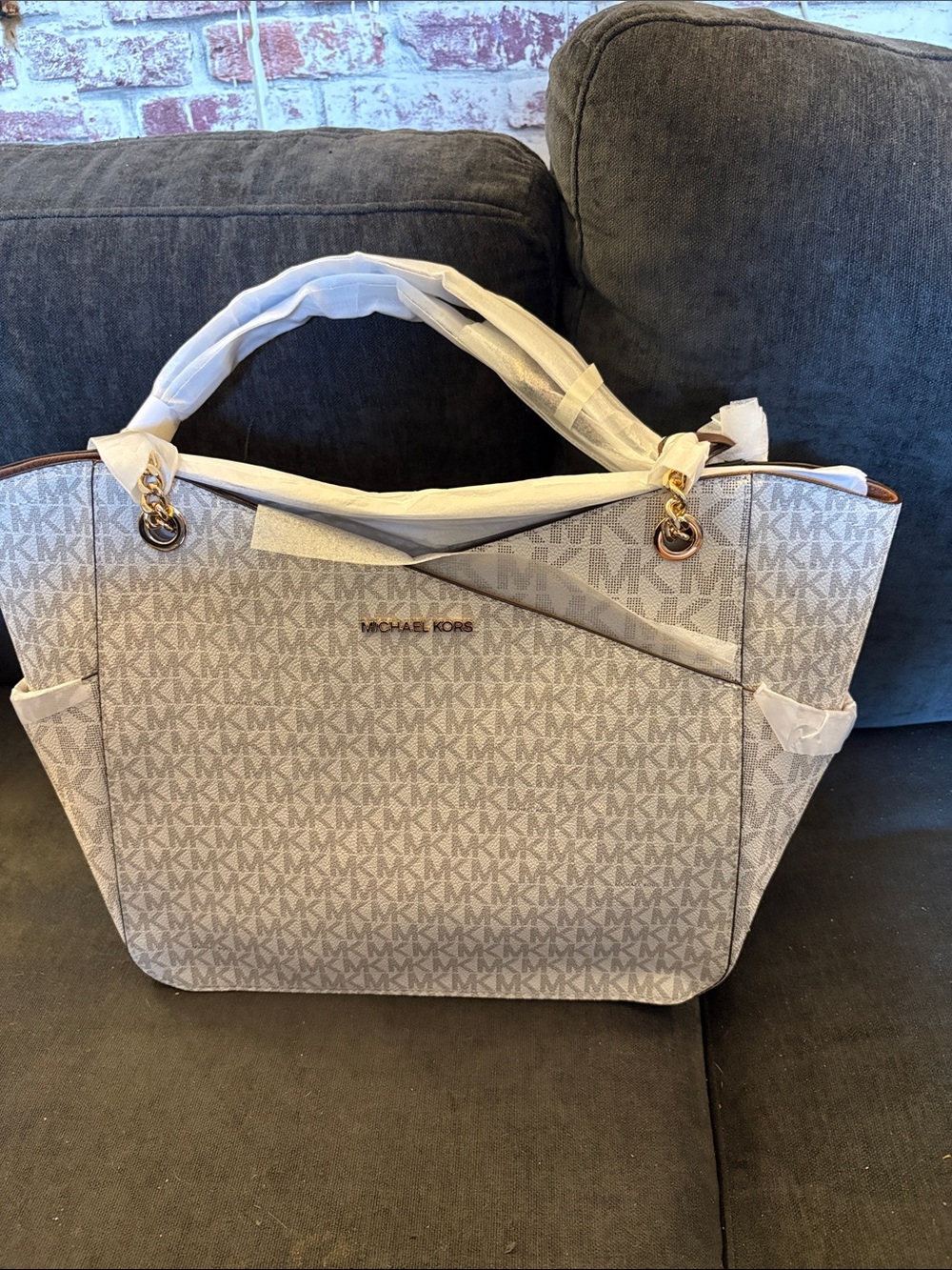 Michael Kors Cream/White Signature MK Tote with Gold Hardware